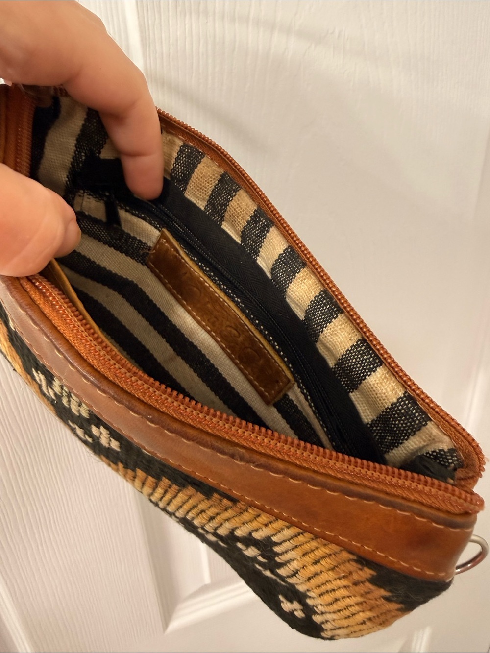 Woven Black and Brown Wristlet Clutch with Leather Trim - Picture 5 of 6
